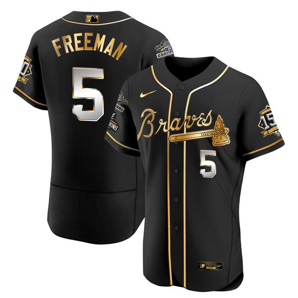 Men's Atlanta Braves #5 Freddie Freeman Black Golden World Series Champions With 150th Anniversary Patch Flex Base Stitched Jersey Men's Atlanta Braves #5 Freddie Freeman Black Golden World Series Champions With 150th Anniversary Patch Flex Base Stitched Jersey